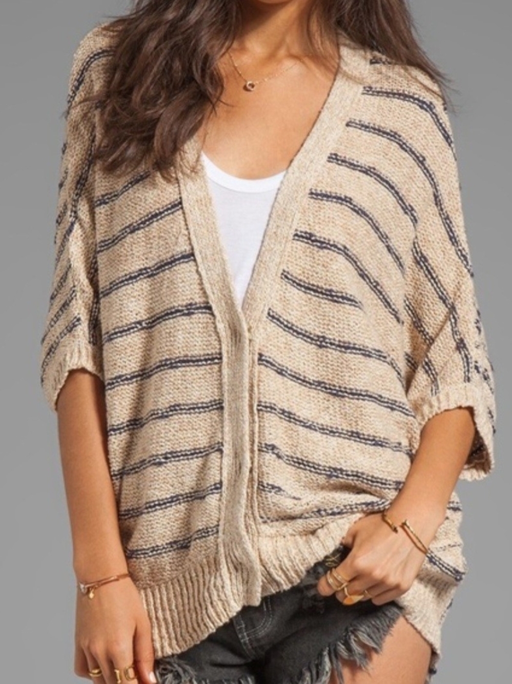 Free People Rabbit In The Moon Beige & Navy Striped Open Cardigan